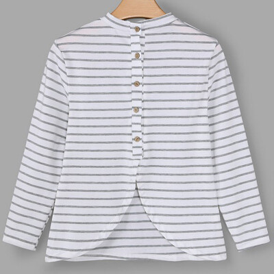 

women wild striped t-shirt female casual o-neck Back button design T shirt basic Long Sleeve Tee top feminina