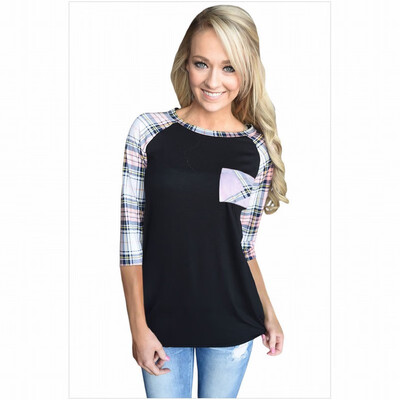 

Round neck cropped sleeve pocket plaid striped print casual straight top