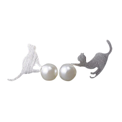 

silver plated cat pearl earring for women girl lovely animal cat stud earring high-grade ear accessories