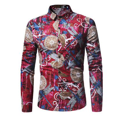 

Mens Flower Printed Shirts Luxury Long Sleeve Tops Tee Slim Fit Casual Blouse