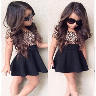 

Baby Girls Kid Summer Dress Clothes Leopard Short Sleeve Short Dress Skirt 1-6T