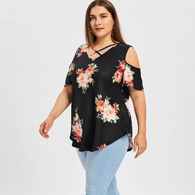 

PREISEI Summer Women Sweet Casual Print Plus Size T-Shirt V-Neck Short Sleeve Cotton Woven T Shirt Ladies Tops PR0394