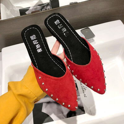 

Ins Port Wind Candy&Colorful Society Wears Cool Slippers in Summer Korean Edition Baotou Riveted Flat-soled Slippers