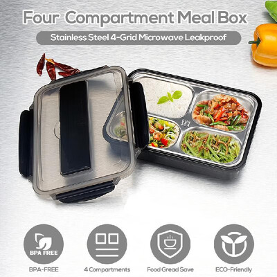 

304 Stainless Steel Lunch Box 4-Grid Microwave Leakproof Four Compartment Meal Box with Free Tableware Set for Students Office Pic