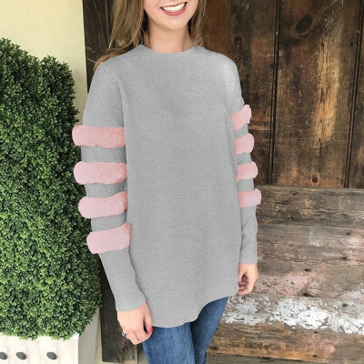 

Women Sweatshirt Faux Fur Fuzzy Stripe Stitching Dropped Shoulder Long Sleeve Casual Warm Pullover