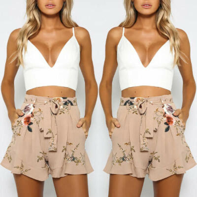 

US Women Vintage Floral Pants Summer Casual Bow Shorts High Waist Short Trousers