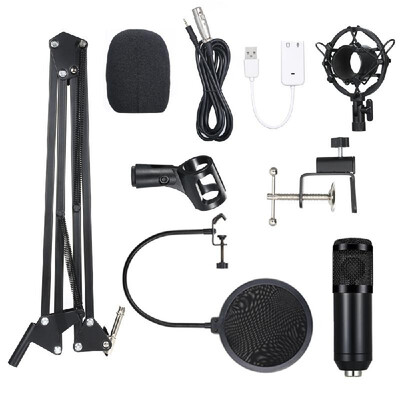 

BM800 Condenser Microphone Lit Pro Audio Studio Recording & Brocasting Adjustable Mic Suspension Scissor Arm Pop Filter