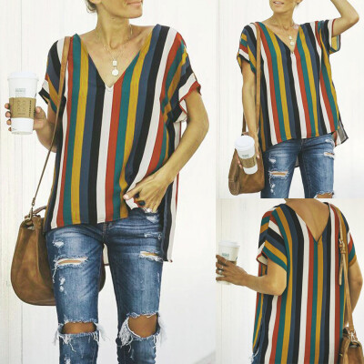 

Nomeni Fashion Womens V-Neck Short Sleeve Rainbow Printing T-shirt Blouse Tops