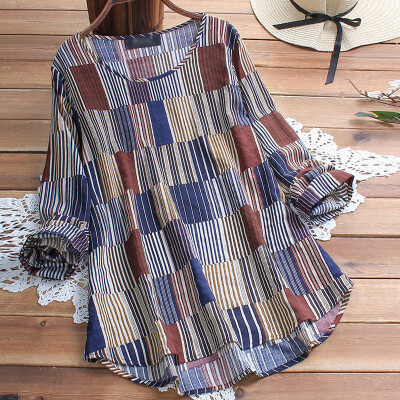 

New Womens Casual Loose Irregular Print Sunscreen Shirt Long Sleeve Stripe Tops