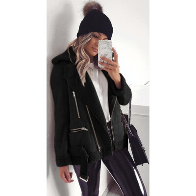 

Tailored Women Fashion Casual Zipper Wide Lapel Fleece Long Sleeve Pure Color Jacket coat