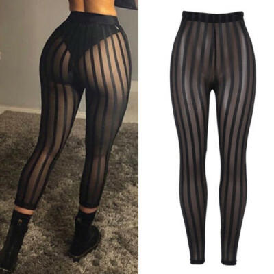 

CA Sexy Women Striped Mesh Perspective Pants Knee Length Slim Trousers Club Wear