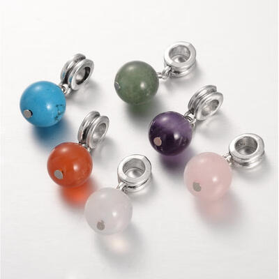 

Large Hole Alloy European Dangle Beads with Round Gemstone Pendants Mixed Stone 23mm Hole 5mm