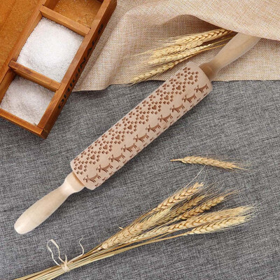 

Gobestart Christmas Rolling Pin Engraved Carved Wood Embossed Rolling Pin Kitchen Tool