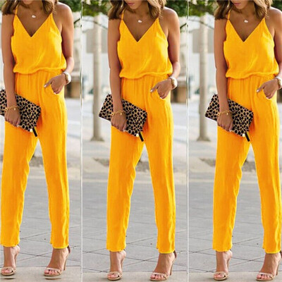 

Women spaghetti strap wide legs Bodycon Jumpsuit V-neck Romper Trousers Clubwear