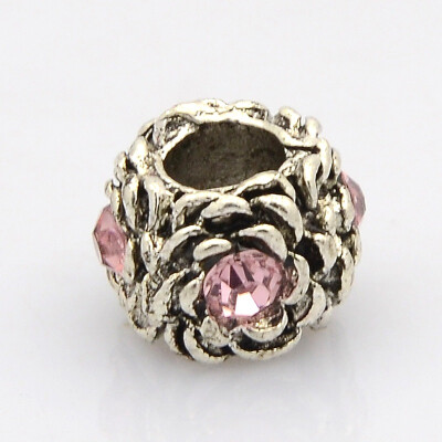 

Rondelle Antique Silver Tone Alloy Rhinestone European Beads Large Hole Beads Light Rose 12x9mm Hole 5mm