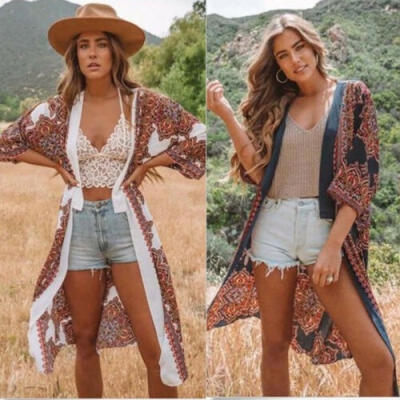 

US Boho Womens Long Sleeve Lace Floral Kimono Cardigan Blouse Casual Jacket Tops