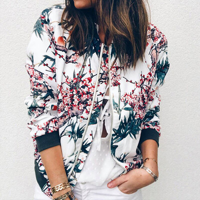 

Roseonmyhand Womens Ladies Retro Floral Zipper Up Bomber Jacket Casual Coat Outwear