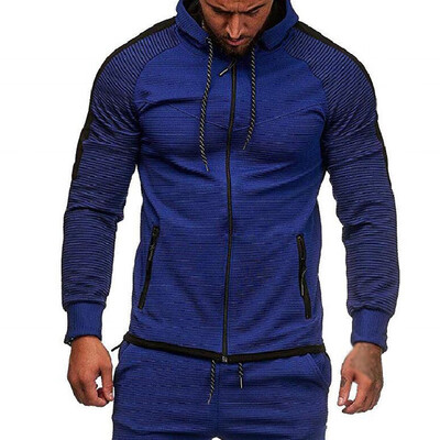 

Mens Hooded Sweatshirt Coat Stripe Zipper Casual Fitness Sports Tops Outwear