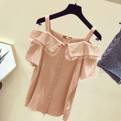 

Summer Womens Slash Neck Simple Straps Short Sleeve Loose Peter Pan Collar Solid Pullover T-Shirt