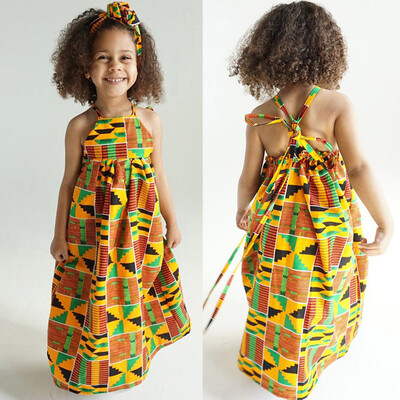 

Toddler Baby Girls African Print Off Shoulder Hair Band Princess Casual Dress
