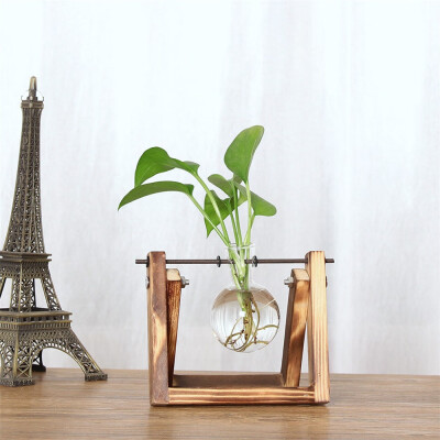 

Gobestart Creative Hydroponic Plant Transparent Vase Wooden Frame Coffee Shop Room Decr