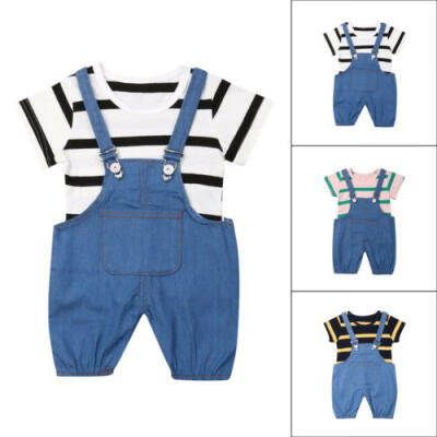 

UK 2PCS Newborn Baby Boy Girl Stripe T-shirtBib Pants Jeans Outfits Set Clothes