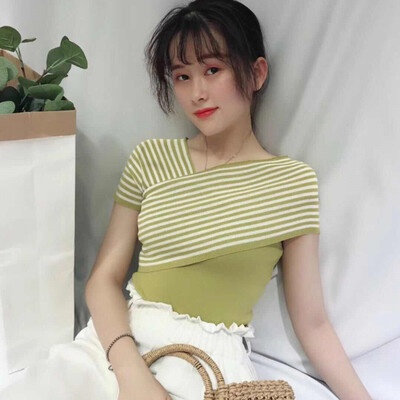 

Women Sexy Summer Harajuku Tshirt Fashion Short Sleeve Striped Print Knitted T-Shirt