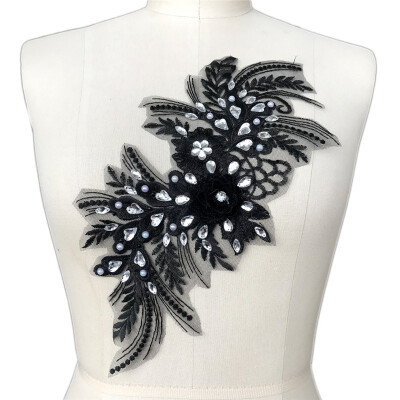 

3D Flower Black Pearl Mesh Lace Rhinestones Applique Sewing Trimmings for Clothes Bridal Gown Ribbon Lace Fabrics