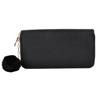 

Solid Color Women Faux Leather Long Wallet Pompom Zip Clutch Card Holder Purse