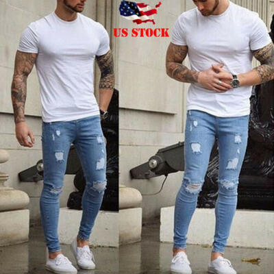 

Mens Ripped Jeans Super Skinny Slim Fit Denim Pants Destroyed Frayed Trousers
