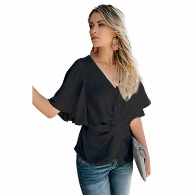 

Solid color V-neck shirt Womens bell-shaped sleeve slim shirt