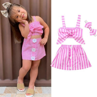 

Kid Toddler Baby Girl Stripes Crop Top Vest Skirt Dress Outfit Set Party Clothes