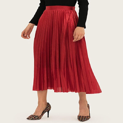 

Elastic High Waist Solid Pleated Long Skirt