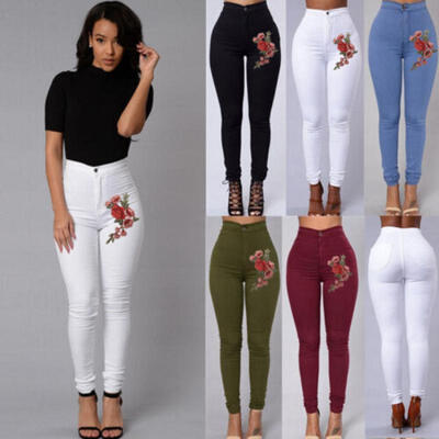 

US STOCK Womens Pencil Stretch Embroidery Skinny Jeans Pants High Waist Trousers
