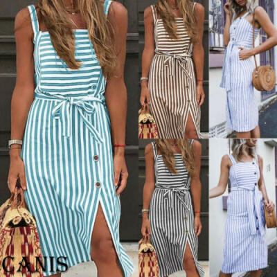 

Womens Linen Dress Strappy Tropical Summer Beach Midi Swing Beach Sundress