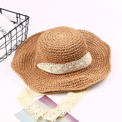

Lace tied Straw Hat Women Beach Hat Korean knitted hat women summer personality sunshade hat