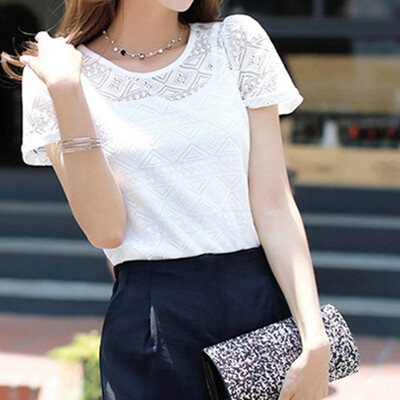 

Starmoon Women Fashion Leisure O-Neck Short Sleeve T-Shirt Tops Lace Pure Color Blouse