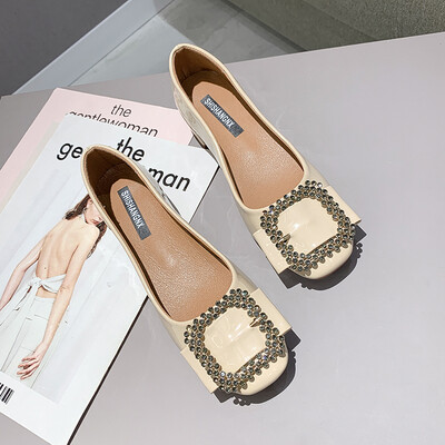 

Single shoe female 2019 summer square head shallow mouth thick heel grandma shoes Korean fashion Joker square buckle rhinestone fa
