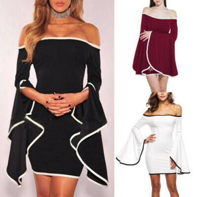 

Women Summer Petal Sleeve Off Shoulder Bodycon Evening Cocktail Party Midi Dress