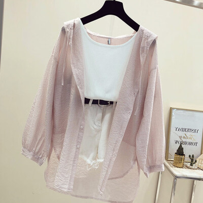 

Women Summer Solid Color Open Front Thin Cardigan Sun Protection Short Breathable Air Conditioning Hooded Tops