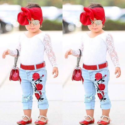 

Newborn Kids Baby Girls 3D Flower Lace Tops Denim Hot Pants Outfits Set Clothes
