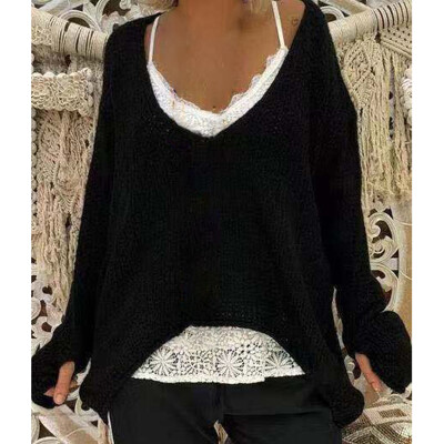 

Women Casual Baggy Soft Sweater V-neck Pullover Long Sleeve Knitwear Bat Tops