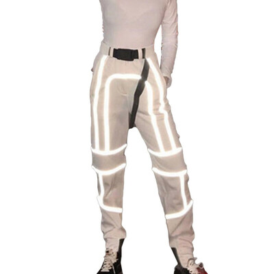 

Women Trousers Reflective Splicing Casual Loose High Waist Sports Pants Overalls