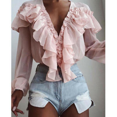 

New Women Solid Color V-Neck Ruffle Trim Blouse Casual Loose Long Sleeve Tops