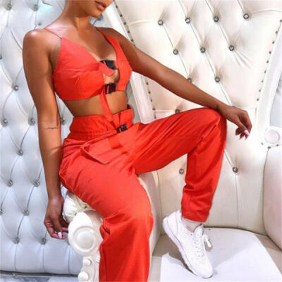 

2Pcs Women Cami Cool Bra Button Tops Sleeveless Belt Cargo Pockets Long Pants