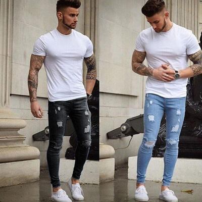 

Mens Stretchy Ripped Skinny Biker Jeans Destroyed Taped Slim Fit Denim Pants