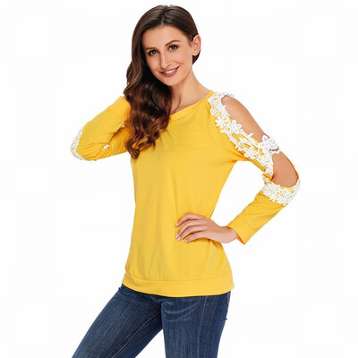 

Round neck long sleeve lace trim lace casual straight top