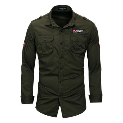 

Male Military Shirt Men Turn-down Collar Zipper Shirts Long Sleeve Casual Cotton Shirt