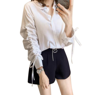 

Fashion Long Sleeve Turn-down Collar Womens Tops&Blouses Ladies Casual Bandage Solid Chiffon Blouse Plus Size