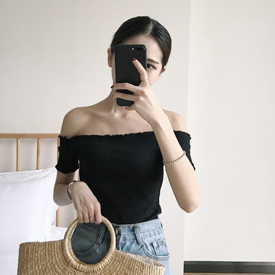 

Womens Pullover Casual Slash Neck Ruffles Solid Short Sleeve Slim Knitted Crop Top T-Shirt